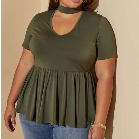 Plus ASHLEY STEWART Deep Green Cutout Peplum Knit Top 18/20 - Picture 3 of 4